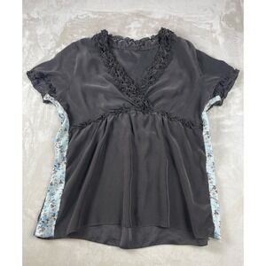 Silk Ruffle V-Neck Empire Waist Blouse  Blue Floral Side Panels Women's Small